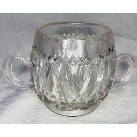 Vintage Cut Clear Glass Sugar Bowl 4" Tall Colonial Two Handles Rough Condition - Picture 6 of 6